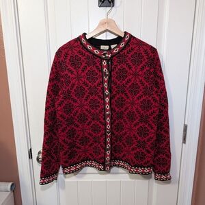 Vintage L.L.Bean Faire Isle Cotton Knit Cardigan Women's Medium Red/Black